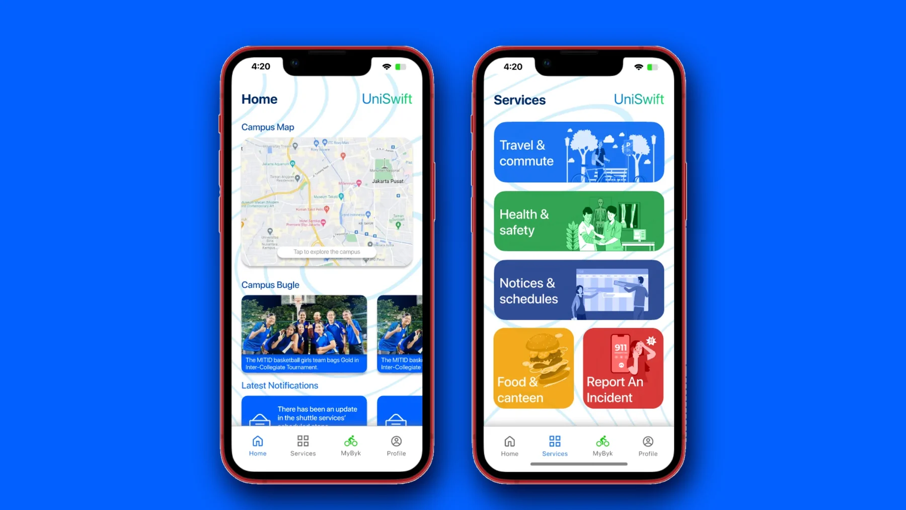 UniSwift, the home and service screens